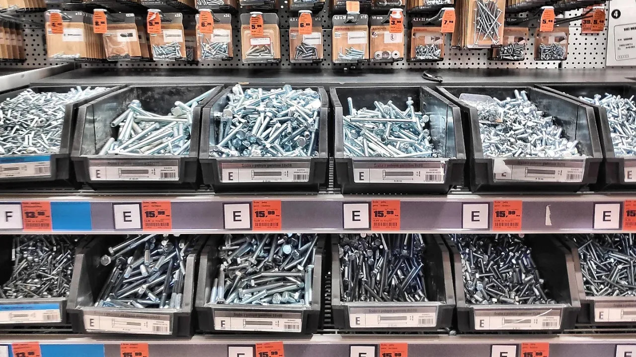 Screws and bolts in OBI home improvement store in Poland.