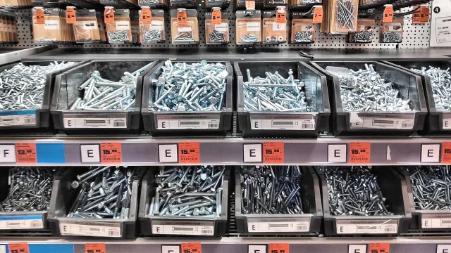 Screws and bolts in OBI home improvement store in Poland.