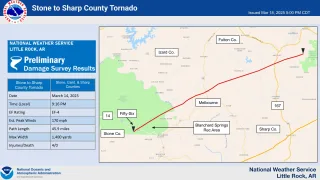 A preliminary NWS damage assessment map of the Stone to Sharp County, Arkansas EF4 tornado.