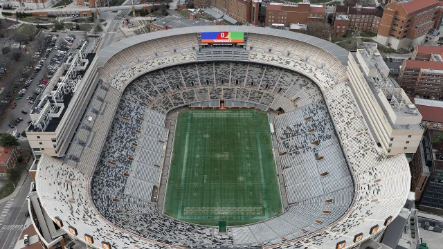 Aerial view of an empty Neyland Stadium (b. 1921) in Knoxville, Tennessee, home of the Tennessee Volunteers football team.