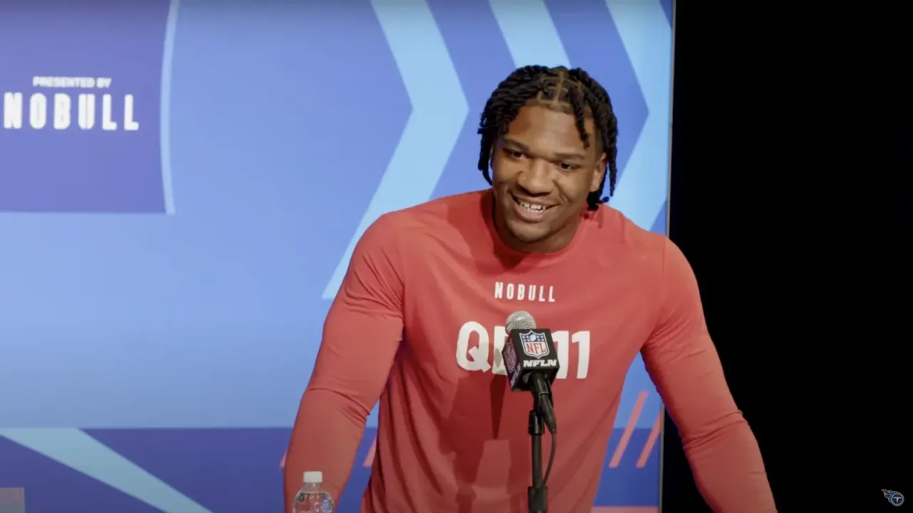 Anthony Richardson talks to reporters at the 2023 NFL Combine