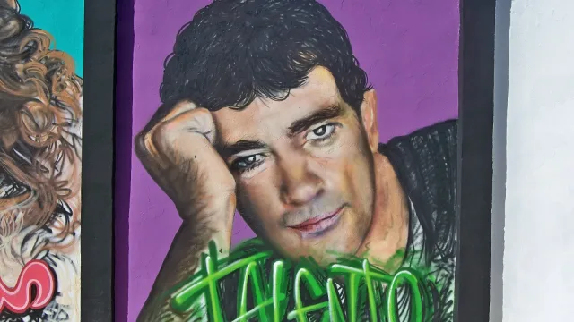 Graffiti of Antonio Banderas with caption "Talent" in Málaga, Spain. Graffiti by Juan María Rivero (Bohemio).