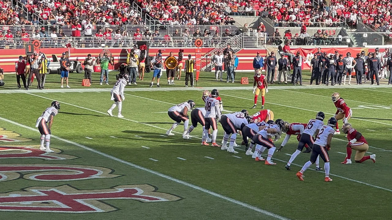 The Chicago Bears' offense lines up against the San Francisco 49ers at Levi's Stadium on December 8, 2024