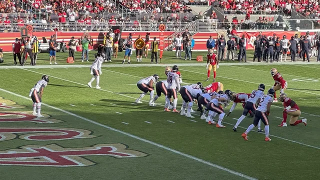 The Chicago Bears' offense lines up against the San Francisco 49ers at Levi's Stadium on December 8, 2024