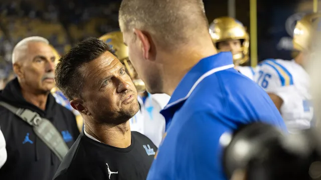 Bob Chesney and Tosh Lupoi meet after the UCLA Bruins at California Golden Bears football game on September 5, 2026
