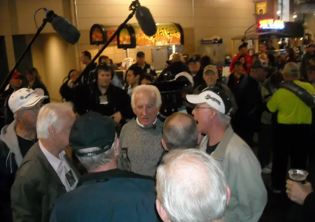 Milwaukee Brewers broadcaster Bob Uecker at Miller Park in 2011. This image has an extracted file: Bob Uecker 2011 CROP.jpg.