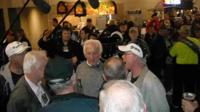 Milwaukee Brewers broadcaster Bob Uecker at Miller Park in 2011. This image has an extracted file: Bob Uecker 2011 CROP.jpg.