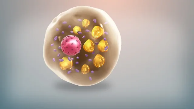 Brown fat cell rich in mitochondria and having lipid droplets scattered throughout.