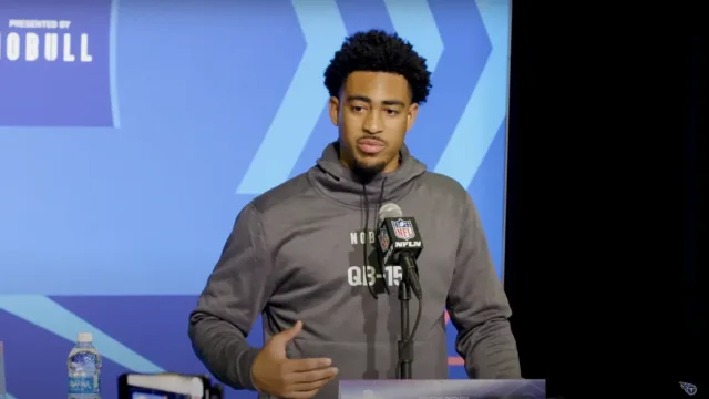 Bryce Young talks to reporters at the 2023 NFL Combine