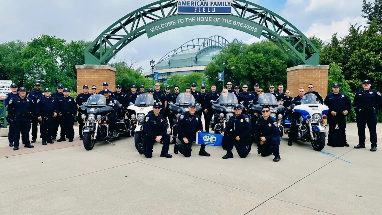 California Highway Patrol pose at American Family Field while in Milwaukee to aid in security mission for 2024 RNC