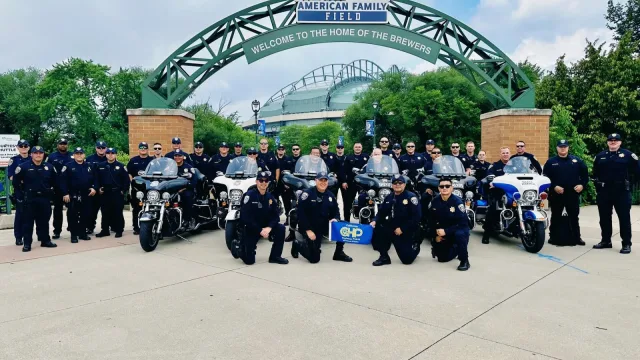 California Highway Patrol pose at American Family Field while in Milwaukee to aid in security mission for 2024 RNC