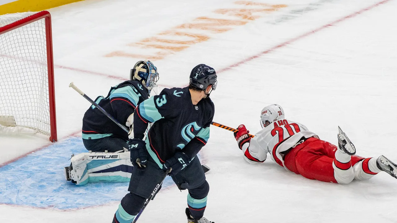 Carolina Hurricanes at Seattle Kraken - October 17, 2022 - Philipp Grubauer, Will Borgen, and Sebastian Aho