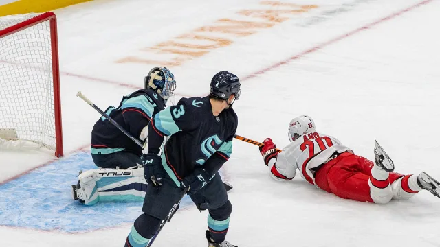 Carolina Hurricanes at Seattle Kraken - October 17, 2022 - Philipp Grubauer, Will Borgen, and Sebastian Aho