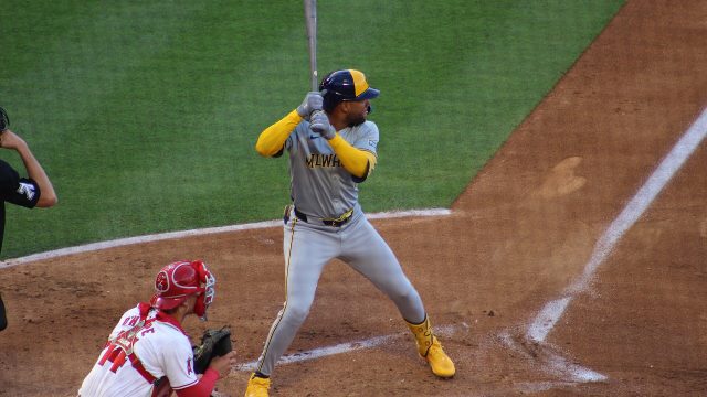 Milwaukee Brewers outfielder Jackson Chourio bats in Anaheim, California, in June 2024.