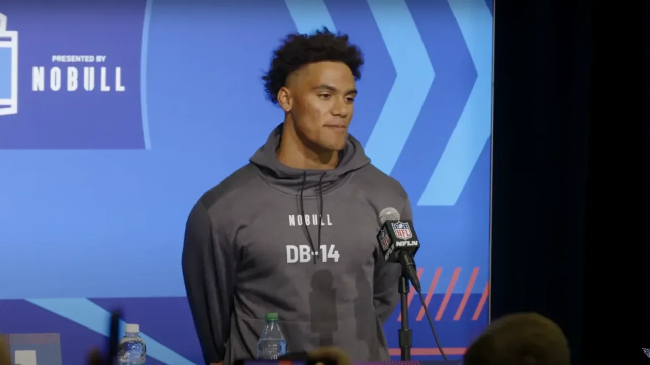 Christian Gonzalez talking to media at the 2023 NFL Combine