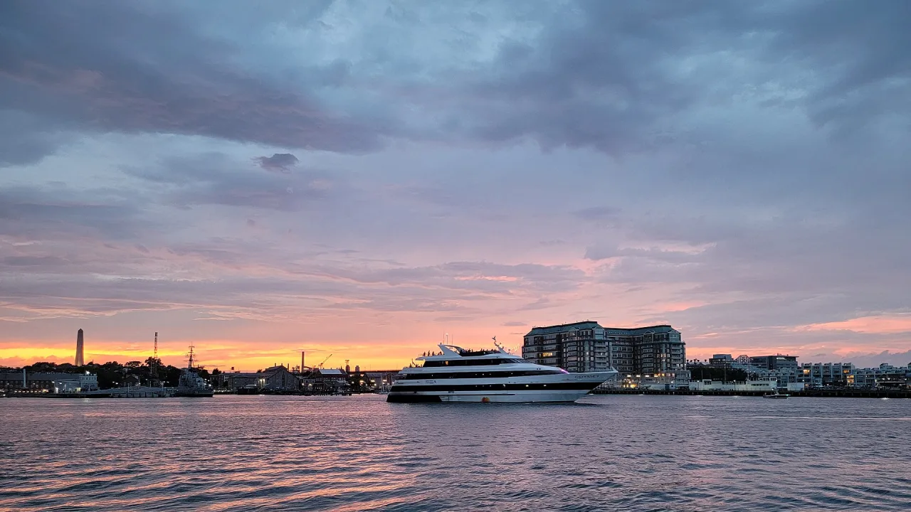 City Cruises ship MV Odyssey in Boston Harbor at dusk