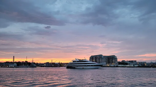 City Cruises ship MV Odyssey in Boston Harbor at dusk