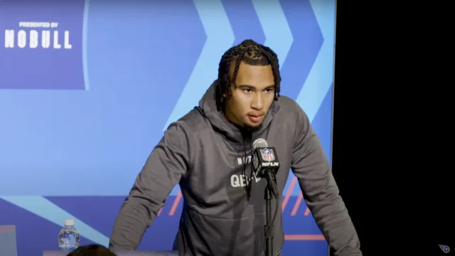 CJ Stroud talks to the media at the 2023 NFL Combine