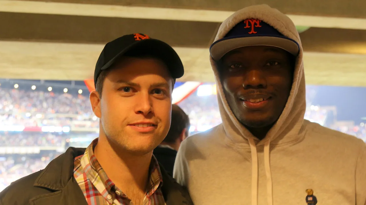 Comedians Colin Jost and Michael Che at the Wikipedia:Citi Field in New York.