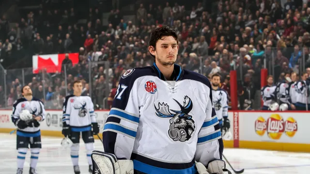 Connor Hellebuyck of the Manitoba Moose Photo: Jonathan Kozub