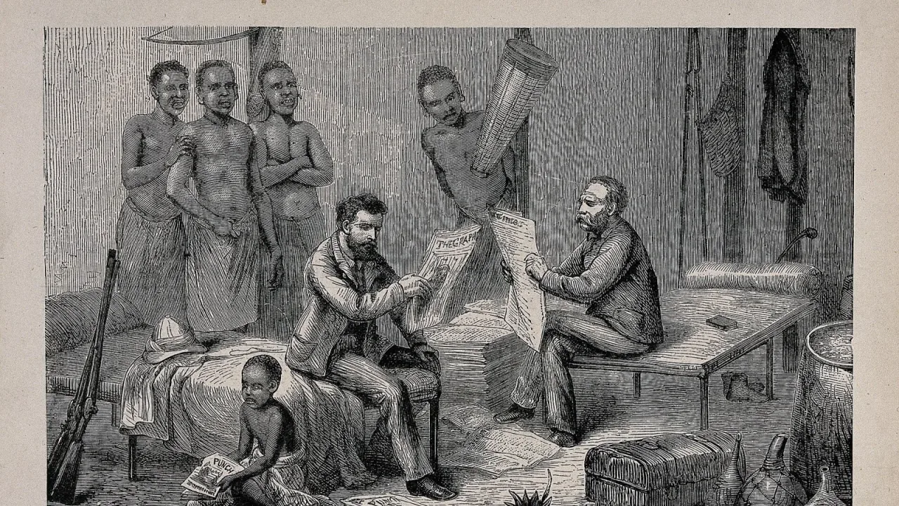 David Livingstone and Henry Morton Stanley, in central Africa, reading British newspapers (Punch and the Graphic).
