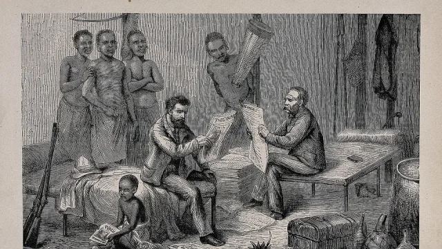 David Livingstone and Henry Morton Stanley, in central Africa, reading British newspapers (Punch and the Graphic).