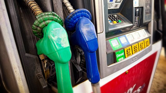 Fuel nozzles at a gas station pump, including a green diesel nozzle.