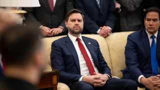 President Donald Trump greets President Volodymyr Zelenskyy of Ukraine, Friday, February 28, 2025, in the West Wing Lobby.
