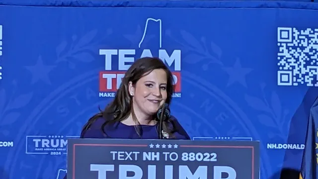 Elise Stefanik speaks from podium at Donald Trump rally, Grappone Conference Center in Concord, New Hampshire.