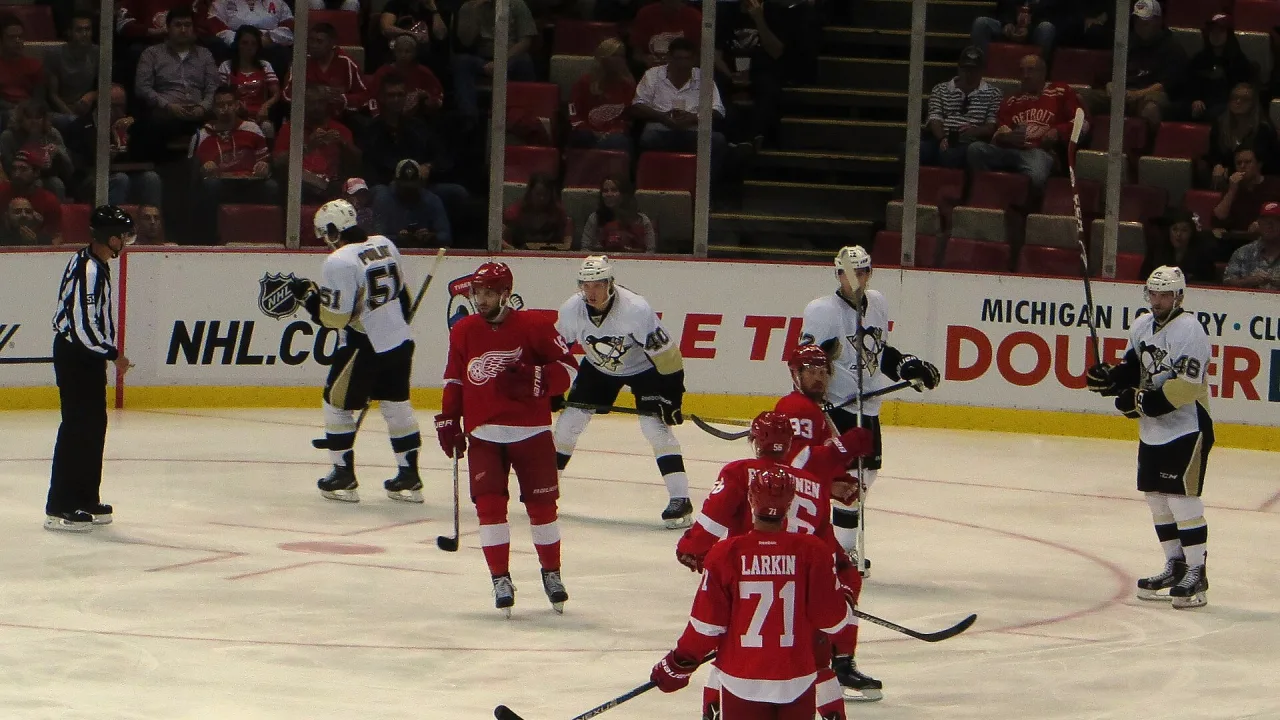 Dylan Larkin, Detroit Red Wings vs. Pittsburgh Penguins, Joe Louis Arena, Detroit, Michigan