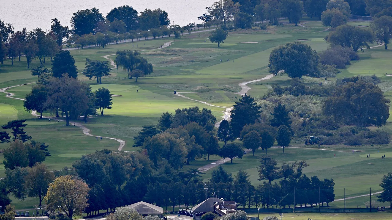 An aerial view of a portion of the East Potomac Golf Links in East Potomac Park.