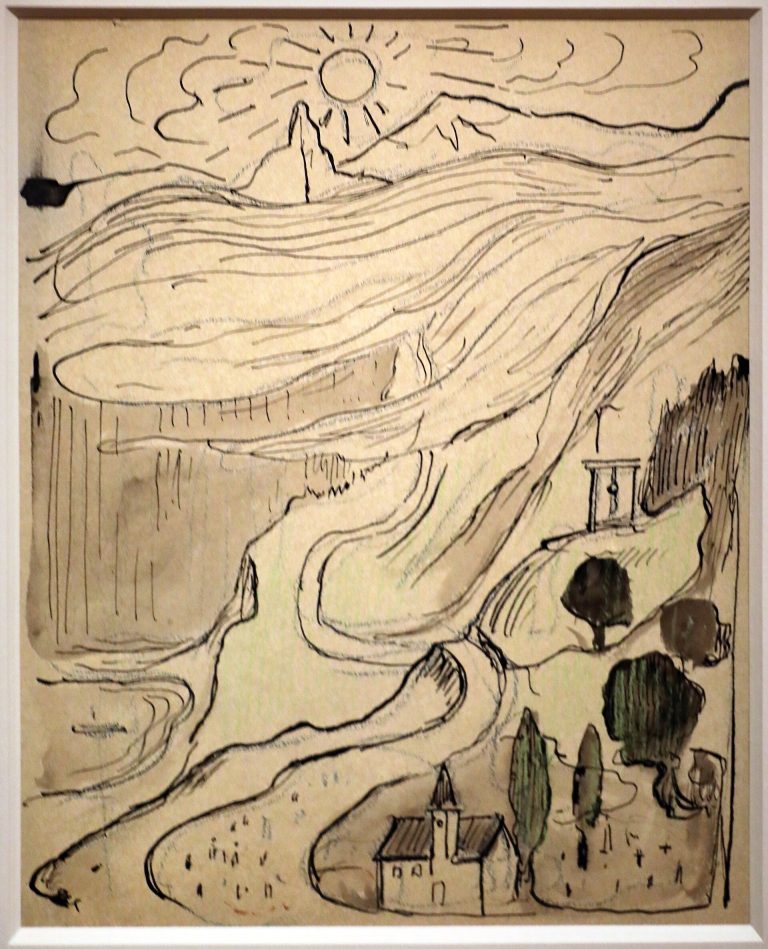 Edvard Munch, paesaggio con chiesa, strada, montagna e sole, a penna, lavatura e pennarello, 1898 (frank mosvold)