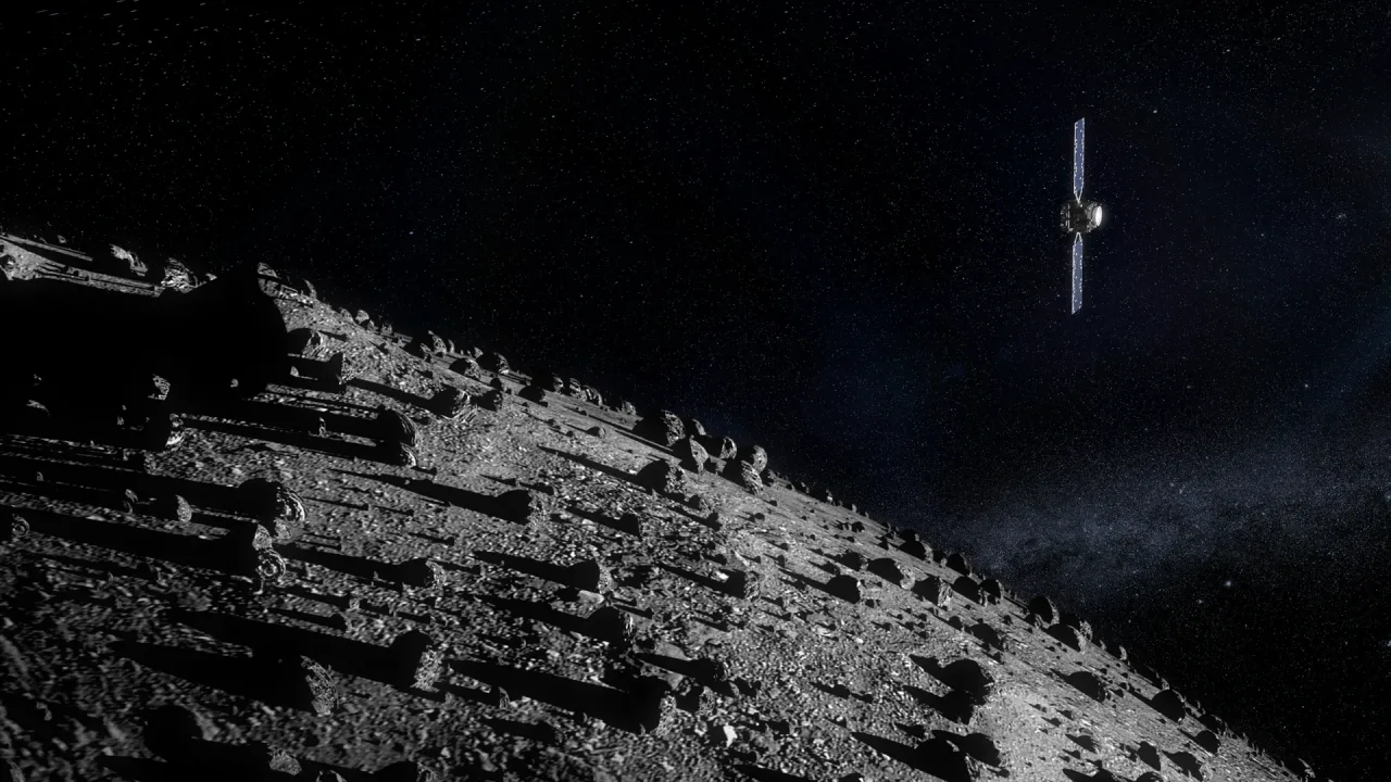 ESA's Hera mission for planetary defence seen approaching the boulder-strewn Dimorphos asteroid.