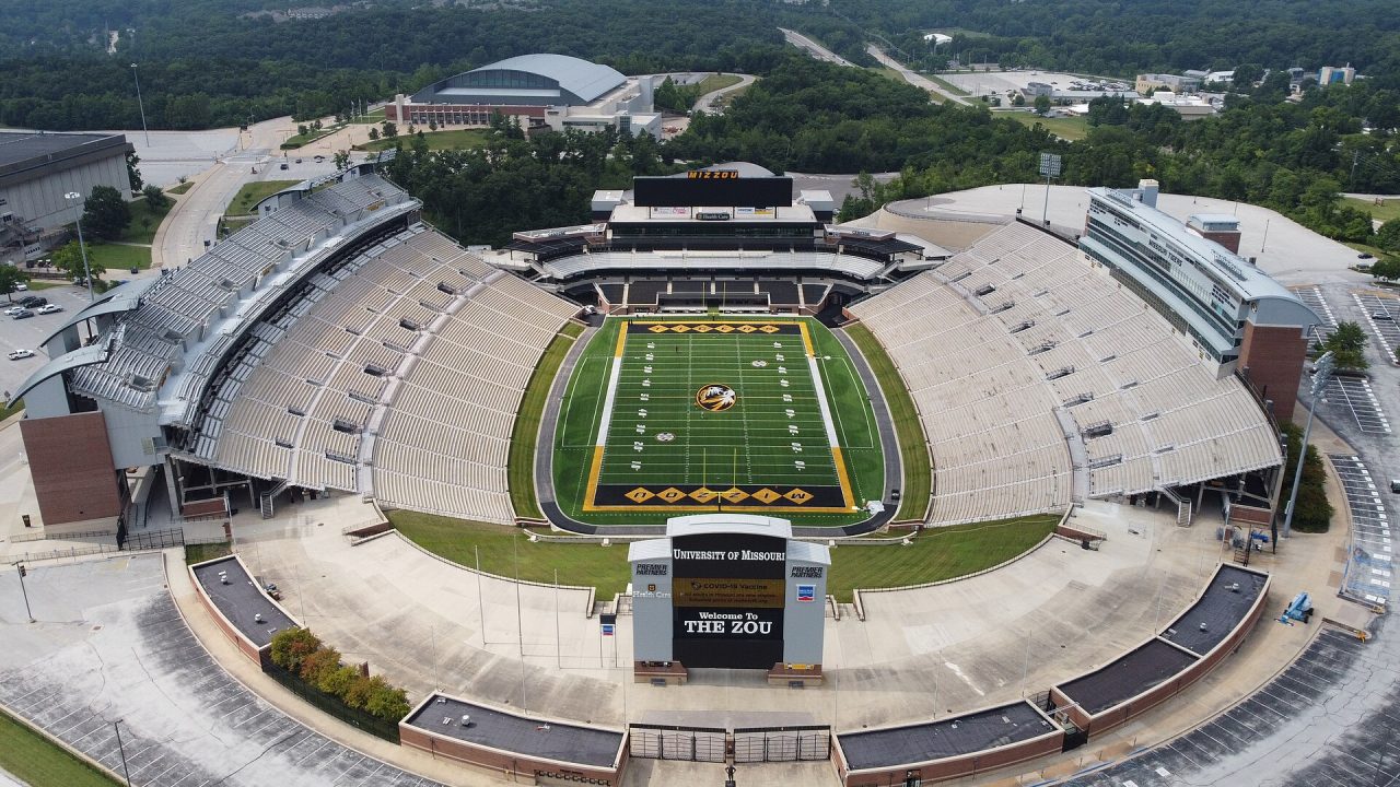 An aerial view of Faurot Field at the University of Missouri in Columbia, Missouri.