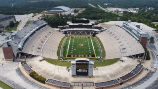 An aerial view of Faurot Field at the University of Missouri in Columbia, Missouri.