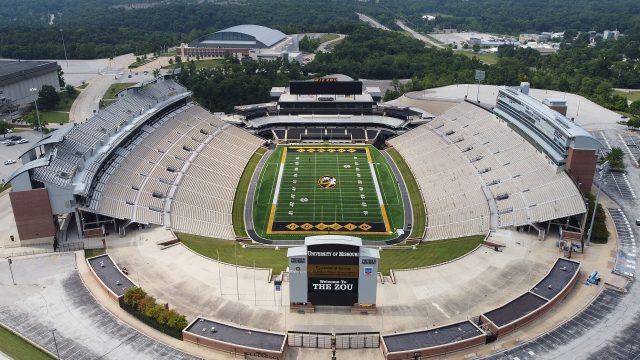 An aerial view of Faurot Field at the University of Missouri in Columbia, Missouri.