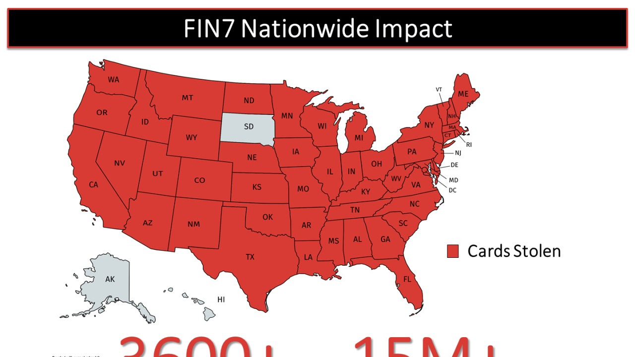 A map showing states impacted by FIN7 hacking, as well as number of cards stolen and individual locations affected.