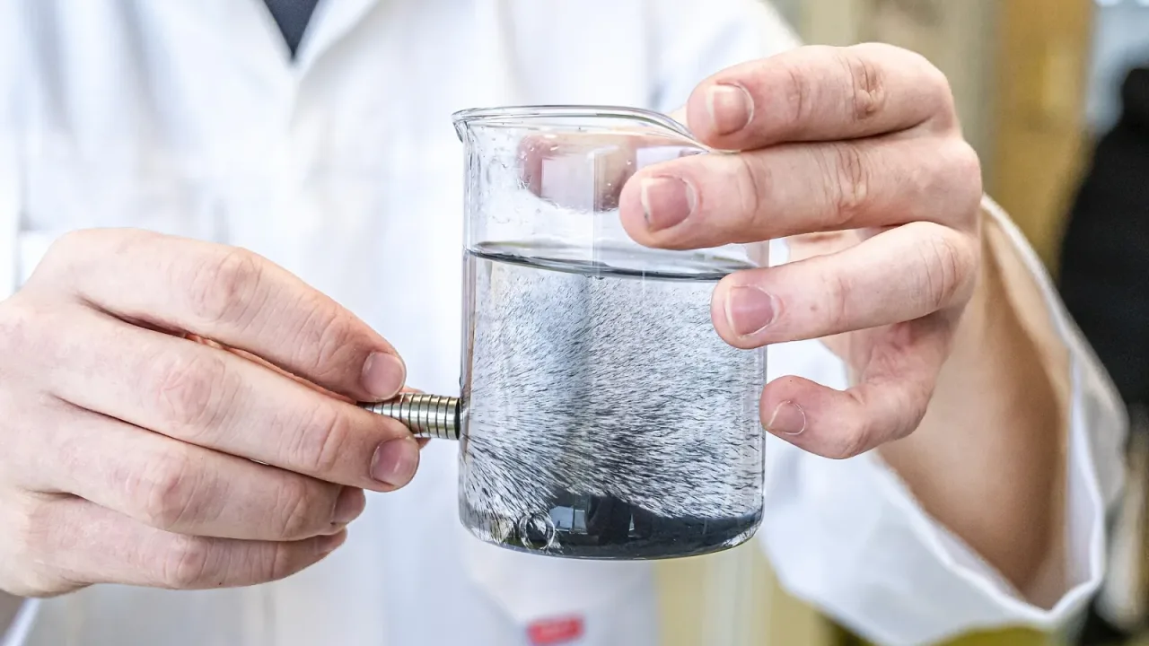 Fionn Ferreira performing his microplastic removal method in a beaker of contaminated water for the European Patent Office.