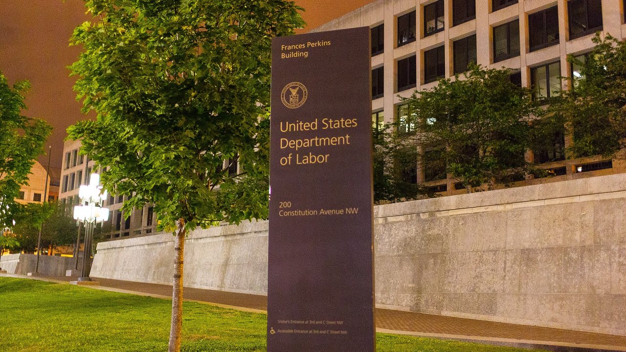 Sign outside the U.S. Department of Labor's Frances Perkins Building in Washington.