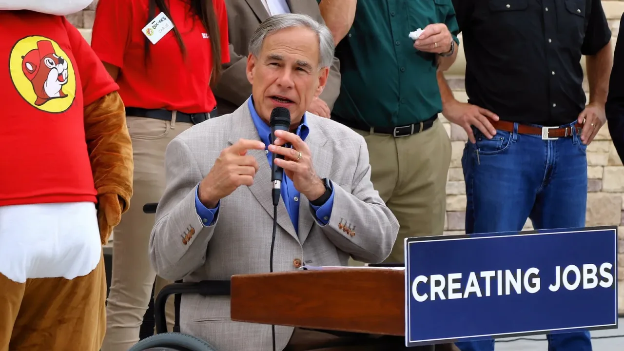 Texas Governor Greg Abbott speaking at the grand opening of Buc-ee's travel center in Luling, Texas, United States.