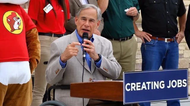 Texas Governor Greg Abbott speaking at the grand opening of Buc-ee's travel center in Luling, Texas, United States.