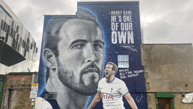 Mural of footballer Harry Kane outside the Tottenham Hotspur Stadium.
