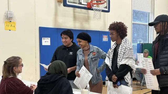 Ilhan Omar votes at her polling place on election day, November 2024