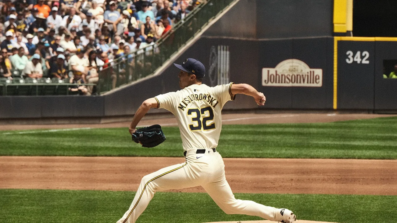 MLB right-handed pitcher Jacob Misiorowski delivering a pitch for the Milwaukee Brewers.