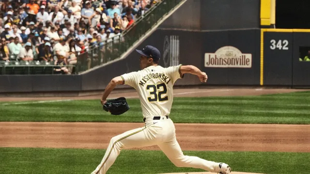 MLB right-handed pitcher Jacob Misiorowski delivering a pitch for the Milwaukee Brewers.
