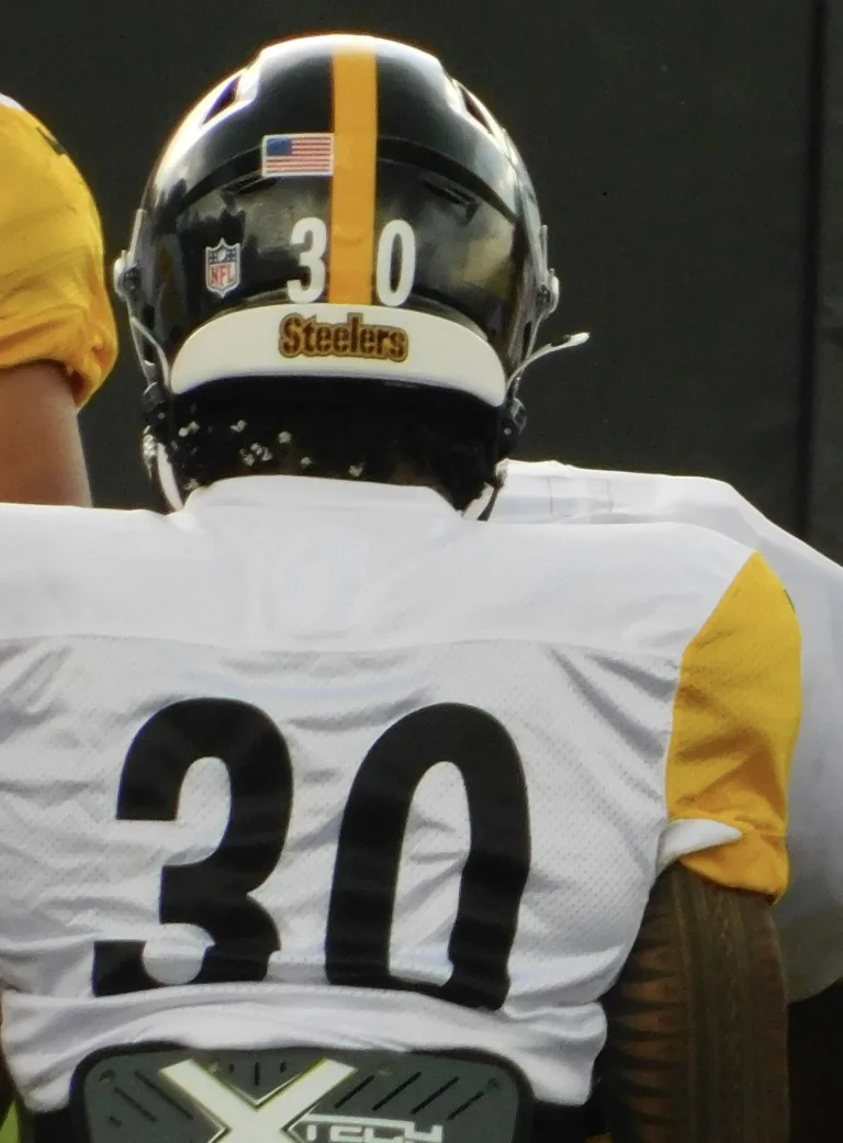 Jaylen Warren, Pittsburgh Steelers running back, during training camp on July 29, 2025