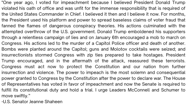 Jeanne Shaheen statement on second impeachment of Donald Trump.