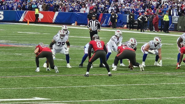 Josh Allen leads the Bills offense into the red zone against the Buccaneers defense in 2025