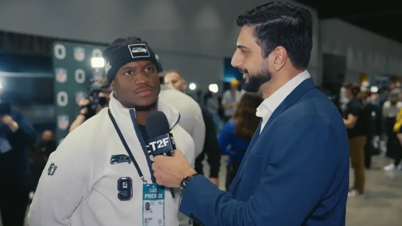 Kenneth Walker, MVP of the 2026 Super Bowl, being interviewed by Time2Football shortly before the Super Bowl