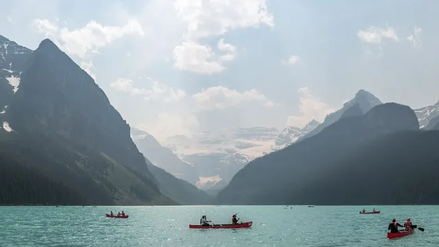 Lake Louise obscured by wildfire smoke, Banff National Park, Alberta, Canada